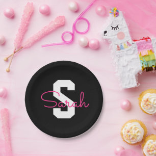 Schattige naam & monogram   Zwart Wit & Roze Papieren Bordje