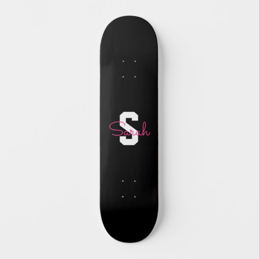 Schattige naam & monogram | Zwart Wit & Roze Persoonlijk Skateboard (Voorkant)