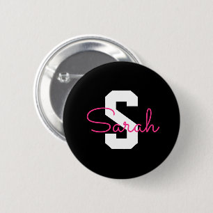 Schattige naam & monogram Zwart Wit & Roze Ronde Button 5,7 Cm