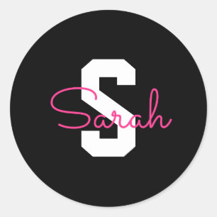 Schattige naam & monogram Zwart Wit & Roze Ronde Sticker
