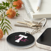 Schattige naam & monogram | Zwart Wit & Roze Sleutelhanger (Voorkant Rechts)