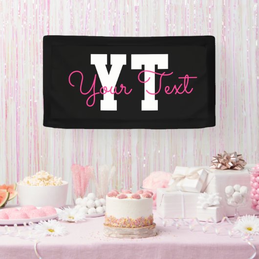 Schattige naam & monogram | Zwart Wit & Roze Spandoek (Feest)
