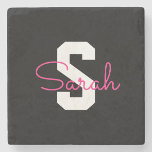 Schattige naam & monogram   Zwart Wit & Roze Stenen Onderzetter