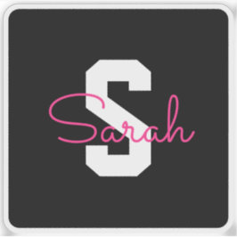 Schattige naam & monogram | Zwart Wit & Roze Sticker