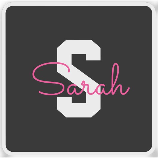 Schattige naam & monogram | Zwart Wit & Roze Sticker (Voorkant)