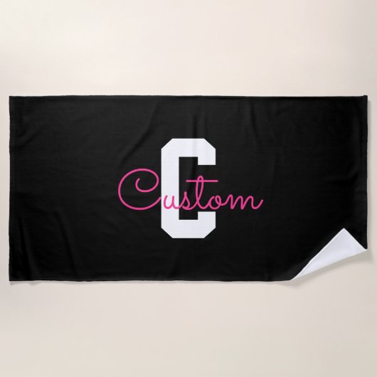 Schattige naam & monogram | Zwart Wit & Roze Strandlaken (Voorkant)