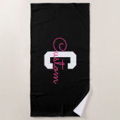 Schattige naam & monogram | Zwart Wit & Roze Strandlaken (Voorkant)