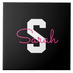 Schattige naam & monogram Zwart Wit & Roze Tegeltje