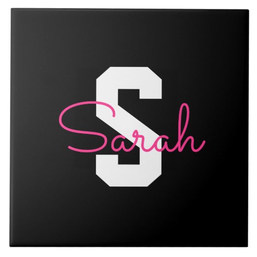 Schattige naam & monogram | Zwart Wit & Roze Tegeltje (Voorkant)