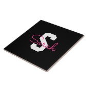 Schattige naam & monogram | Zwart Wit & Roze Tegeltje (Zijkant)