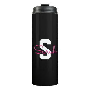 Schattige naam & monogram Zwart Wit & Roze Thermosbeker