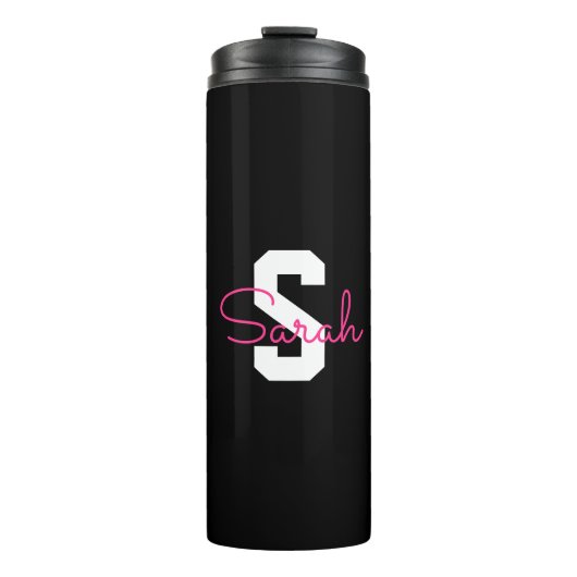 Schattige naam & monogram | Zwart Wit & Roze Thermosbeker (Voorkant)