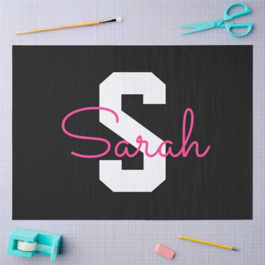 Schattige naam & monogram | Zwart Wit & Roze Tissuepapier (Craft)