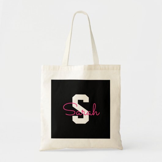 Schattige naam & monogram | Zwart Wit & Roze Tote Bag (Voorkant)