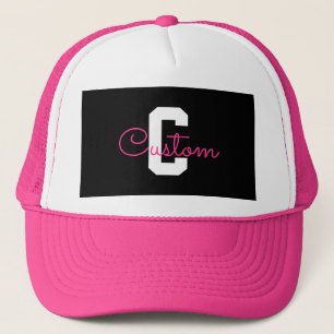 Schattige naam & monogram Zwart Wit & Roze Trucker Pet