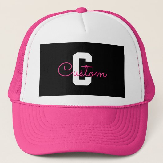 Schattige naam & monogram | Zwart Wit & Roze Trucker Pet (Voorkant)