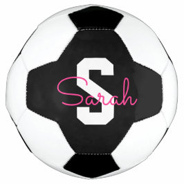 Schattige naam & monogram | Zwart Wit & Roze Voetbal