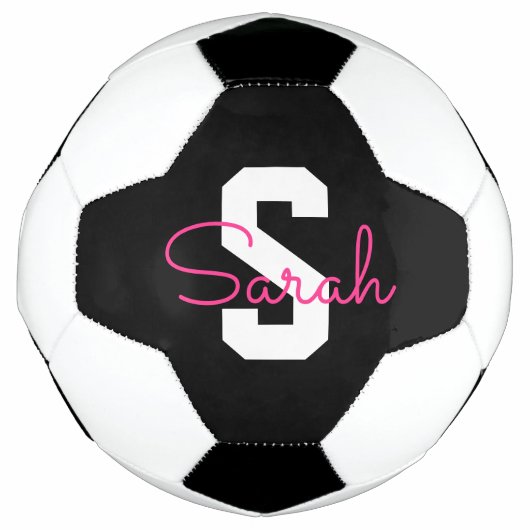 Schattige naam & monogram | Zwart Wit & Roze Voetbal (Voorkant)