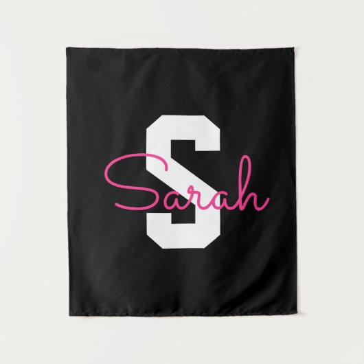 Schattige naam & monogram | Zwart Wit & Roze Wandkleed (Voorkant)