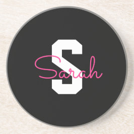 Schattige naam & monogram | Zwart Wit & Roze Zandsteen Onderzetter