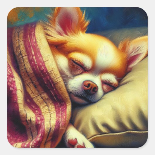 Schattige Napping Chihuahua Vierkante Sticker (Voorkant)