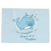 Schattige Narwhal Baby shower Kawaii Blue Boy Groot Cadeauzakje (Achterkant)