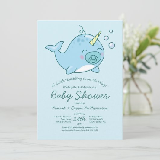 Schattige Narwhal Baby shower Kawaii Blue Boy Kaart (Staand voorkant)