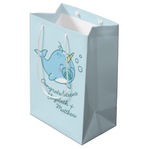 Schattige Narwhal Baby shower Kawaii Blue Boy Medium Cadeauzakje