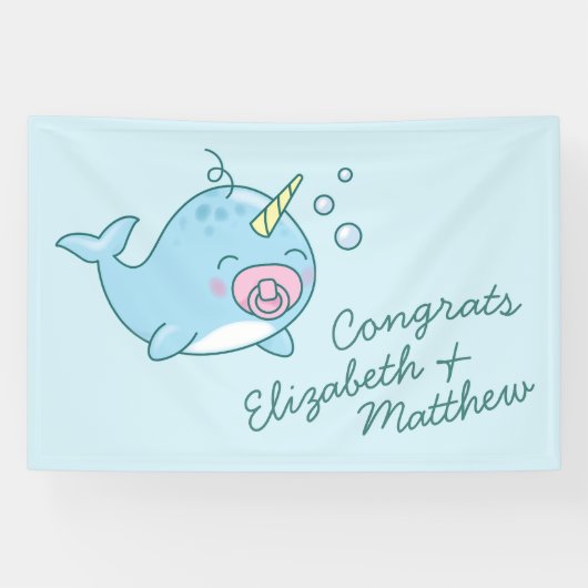 Schattige Narwhal Baby shower Kawaii Roze Meisje Spandoek (Horizontaal)
