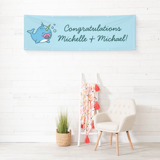 Schattige Narwhal Baby shower Kawaii Roze Meisje Spandoek (Insitu)