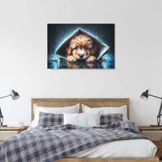 Schattige natte puppy onder schuilkelder canvas afdruk (Insitu (Slaapkamer))