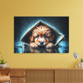 Schattige natte puppy onder schuilkelder canvas afdruk
