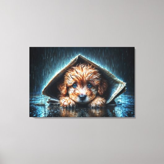 Schattige natte puppy onder schuilkelder canvas afdruk (Voorkant)