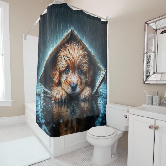 Schattige natte puppy onder schuilkelder douchegordijn (In situ)