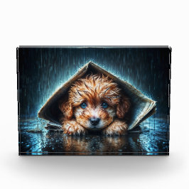 Schattige natte puppy onder schuilkelder fotoblokken