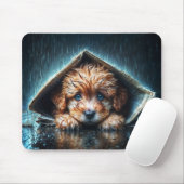 Schattige natte puppy onder schuilkelder muismat (Met muis)