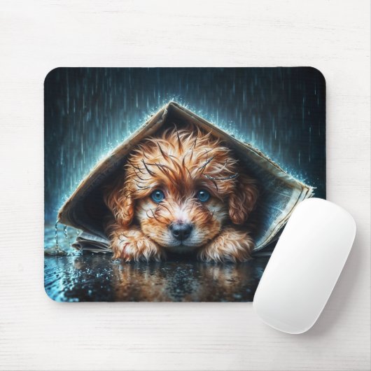 Schattige natte puppy onder schuilkelder muismat (Met muis)