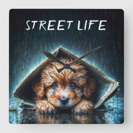 Schattige natte puppy onder schuilkelder vierkante klok