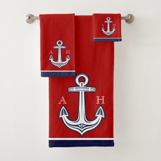 Schattige Nautisch Anker Badkamer Rood Wit Navy Bl Bad Handdoek (Insitu)