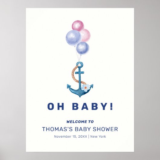 Schattige Nautisch Anker Ballon Baby shower Welkom Poster (Voorkant)