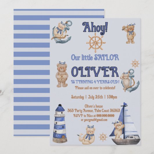 Schattige Nautisch Blauwe Boot Teddy Bear Verjaard Kaart (Voorkant / Achterkant)