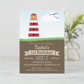 Schattige Nautisch Vuurtoren Kind Verjaardagsfeest Kaart (Staand voorkant)