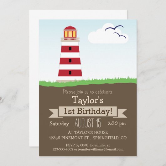 Schattige Nautisch Vuurtoren Kind Verjaardagsfeest Kaart (Voorkant / Achterkant)