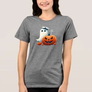 Schattige, nautische/kust Halloween-geest/pompoene Tri-Blend Shirt