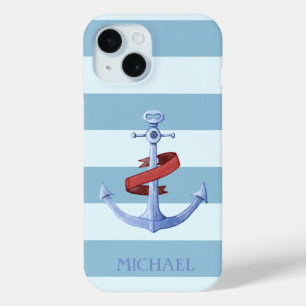 Schattige Nautische verankering lichtblauwe strepe iPhone 15 Case