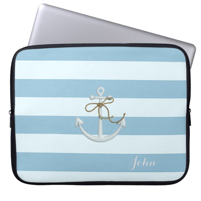 Schattige Nautische verankering op lichtblauwe str Laptop Sleeve (Voorkant)