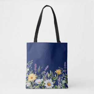 Schattige Navy Blue Boho Wildflower Design Tote Bag