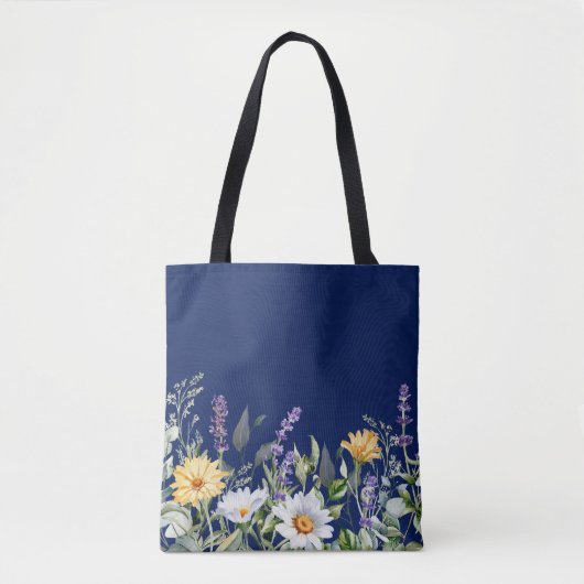 Schattige Navy Blue Boho Wildflower Design Tote Bag (Voorkant)
