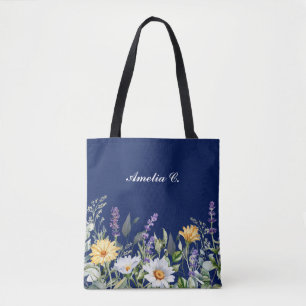Schattige Navy Blue Boho Wildflower Design Tote Bag