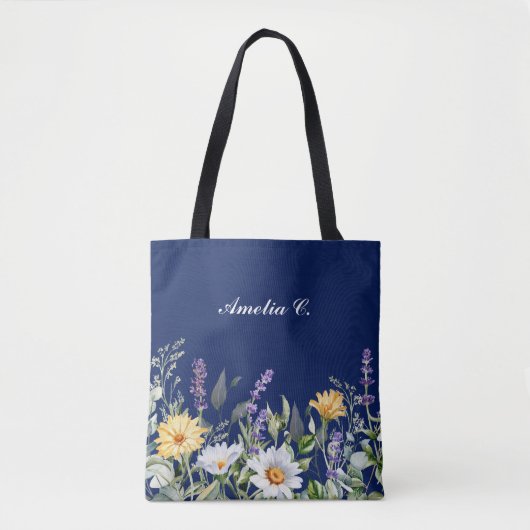 Schattige Navy Blue Boho Wildflower Design Tote Bag (Voorkant)